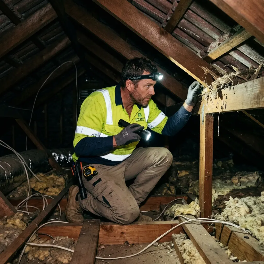 Technician inspecting a roof cavity for a dead animal in Reservoir