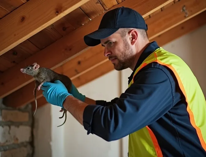Technician inspecting a roof cavity for a dead rat in Reservoir